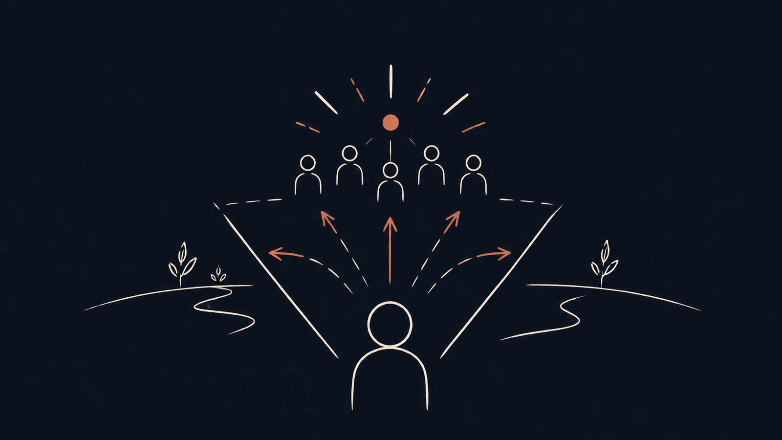 Illustration einer Person, die Orientierung und Verantwortung an eine Gruppe weitergibt